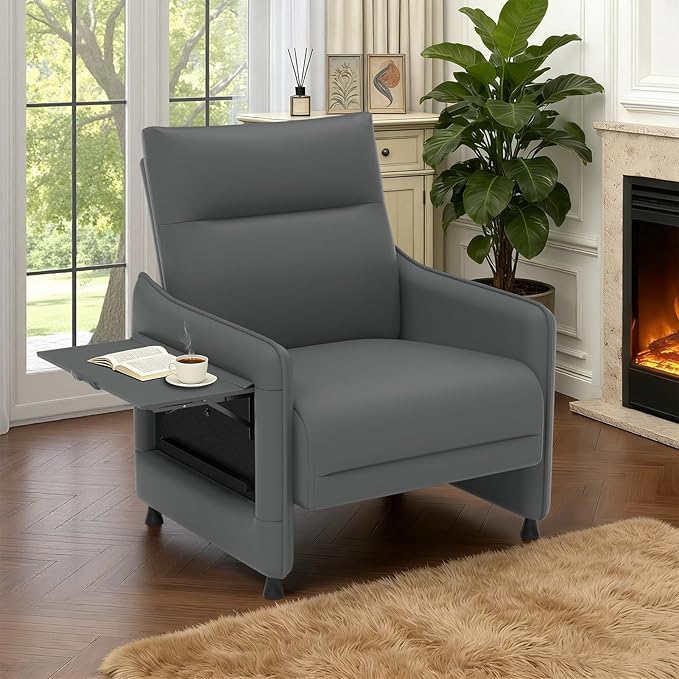 Tbillionnext Upholstered Accent Sofa, Modern Faux Leather Sofa Chair with Hidden Foldable Tray & Side Pocket, Rear Contour Arm Design, Small Accent Sofa for Bedroom, Gray