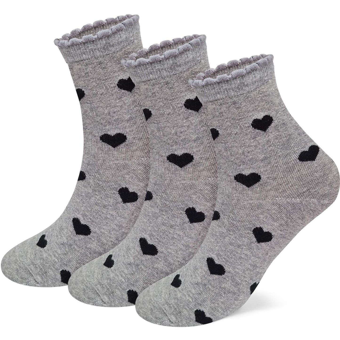 CUTIE MANGO 3 Pairs Women's Heart Pattern Print Cotton Daily Casual Crew Socks Novelty Premium Fashion Soft Lovely Cute Crazy Fun Size 6,7,8,9,10 for Women - Gray