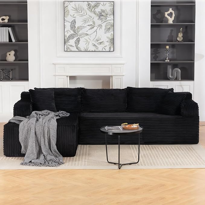 TonghuaS 106” Cloud Modular Sectional Sofa with L-Shape Chaise and Deep Seat, Corduroy Memory Foam Boneless Compressed Couch for Living Room, No Assembly Required(Left Facing Chaise, Black)