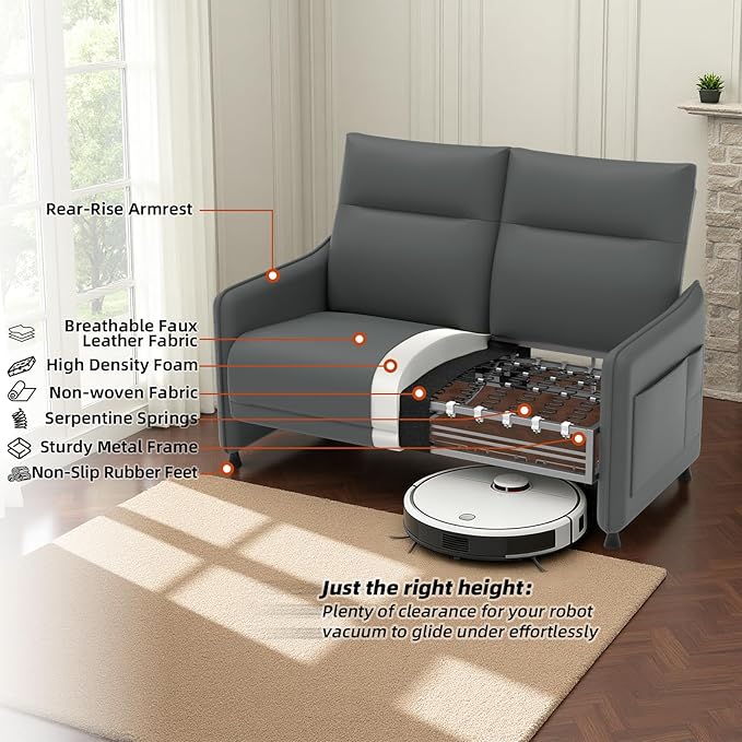 Tbillionnext 3-Piece Living Room Sofa Set, Faux Leather Loveseat & Accent Chairs Set of 2 with Hidden Foldable Tray & Side Pocket, Rear Contour Arm Design, Upholstered Sofa Set for Office, Gray