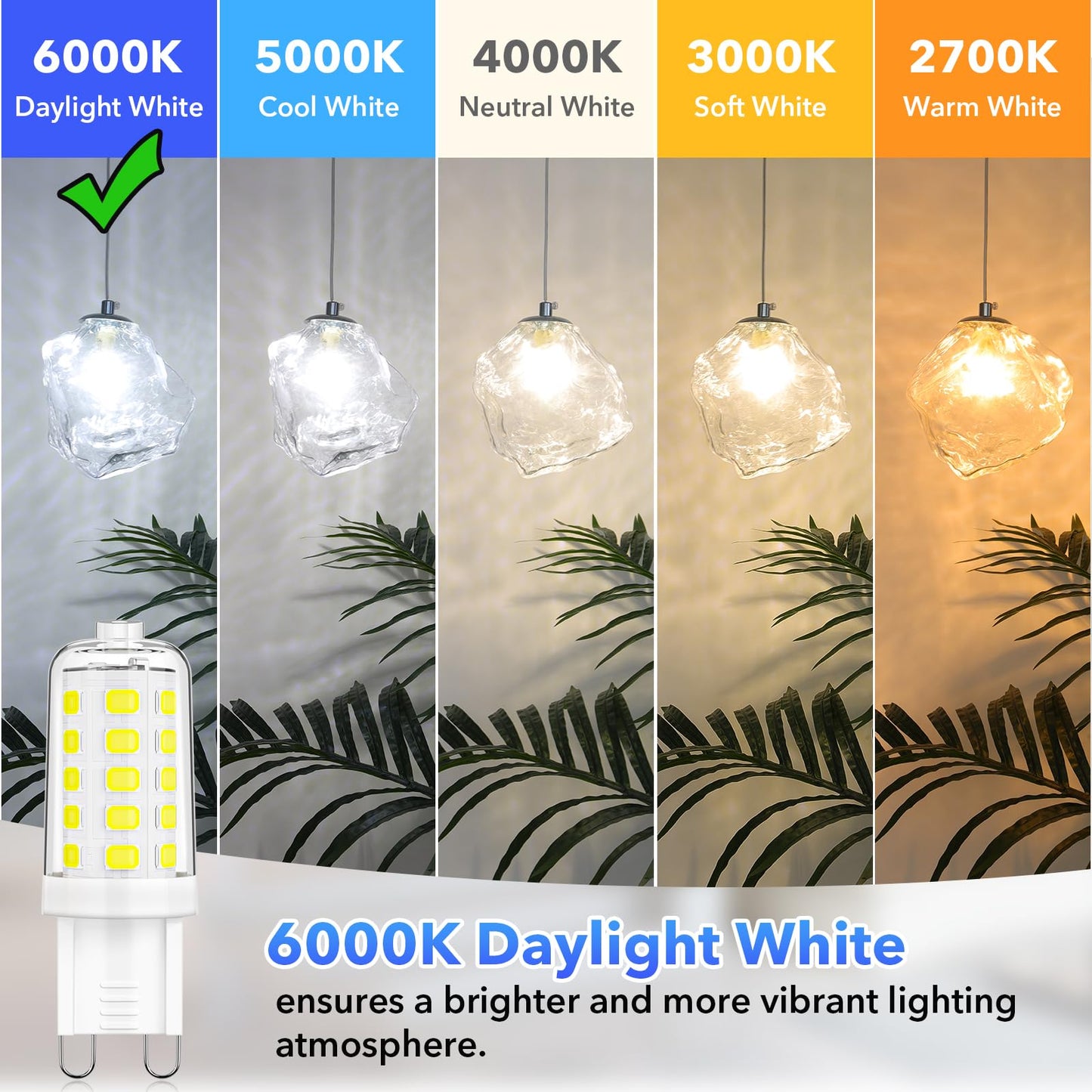 MAXvolador G9 LED Bulb Dimmable, Daylight White 6000K, 40W T4 Halogen Equivalent, Bi Pin Base 4W G9 Light Bulbs for Chandelier Lighting, 400LM, 6 Pack