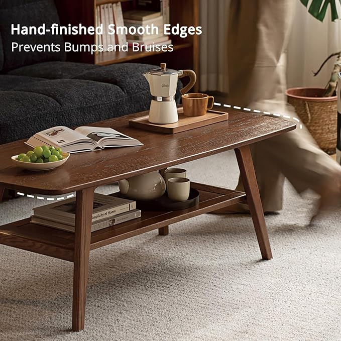 Hymus Solid Wood Coffee Table - 2-Tier Modern Center Table, Living Room Tables with Double Storage for Living Rooms, Bedrooms, and Offices (Walnut, 31.49" D x 19.68" W x 17.32" H)