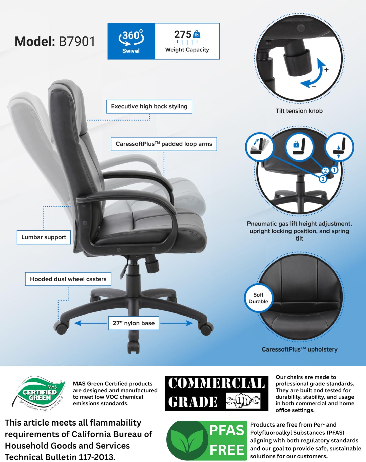 Boss Office Products Caressoft Executive High Back Chair in Black, High-Back (B7901)