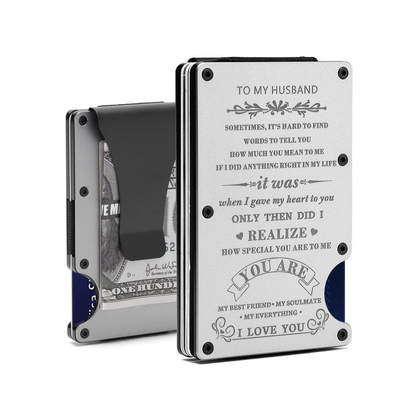 To My Husband Gift | Men Minimalist Personalized Engraved Metal Wallet from Wife | Custom Love Message Slim Aluminum Card Holder with Money Clip | Christmas Birthday Anniversary Valentines Day Wedding