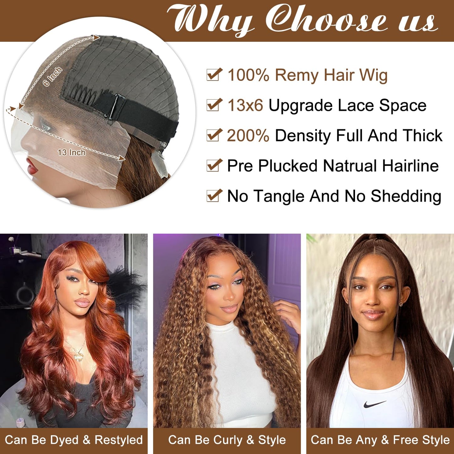 OOVVDA Chocolate Brown Lace Front Wig, 22 Inch, 200% Density, Straight, Human Hair, 13x6 Lace, 22.5 Inch Cap