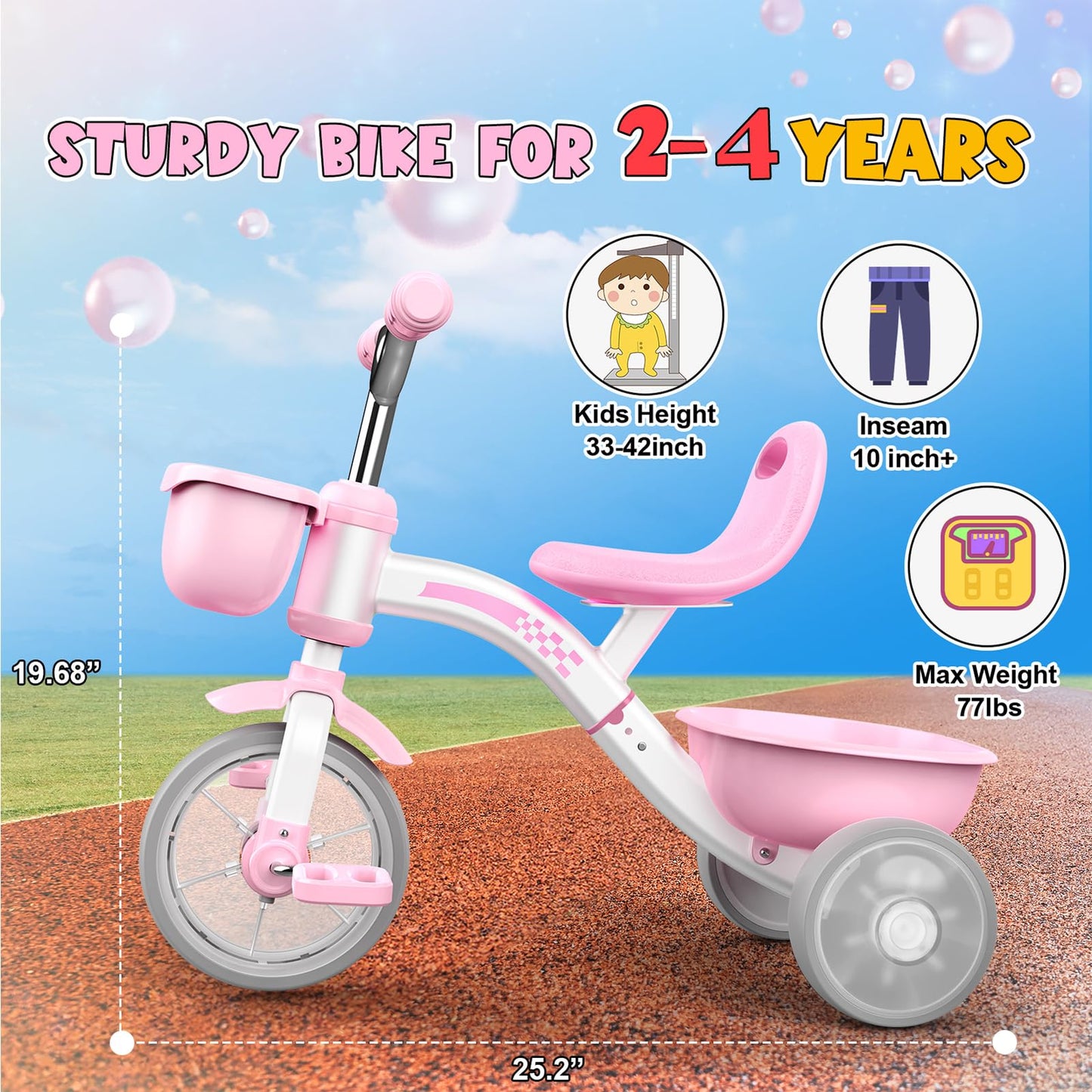 Toddler Tricycle for 1-3 3-5 Year Olds, Toddler Toys Baby Bike, Toys for Ages 2-4, 3-Level Adjustable Seat, 3 Colorful Lighting Wheels, 2 3 4 5 Year Old Girl Birthday Gifts Pink