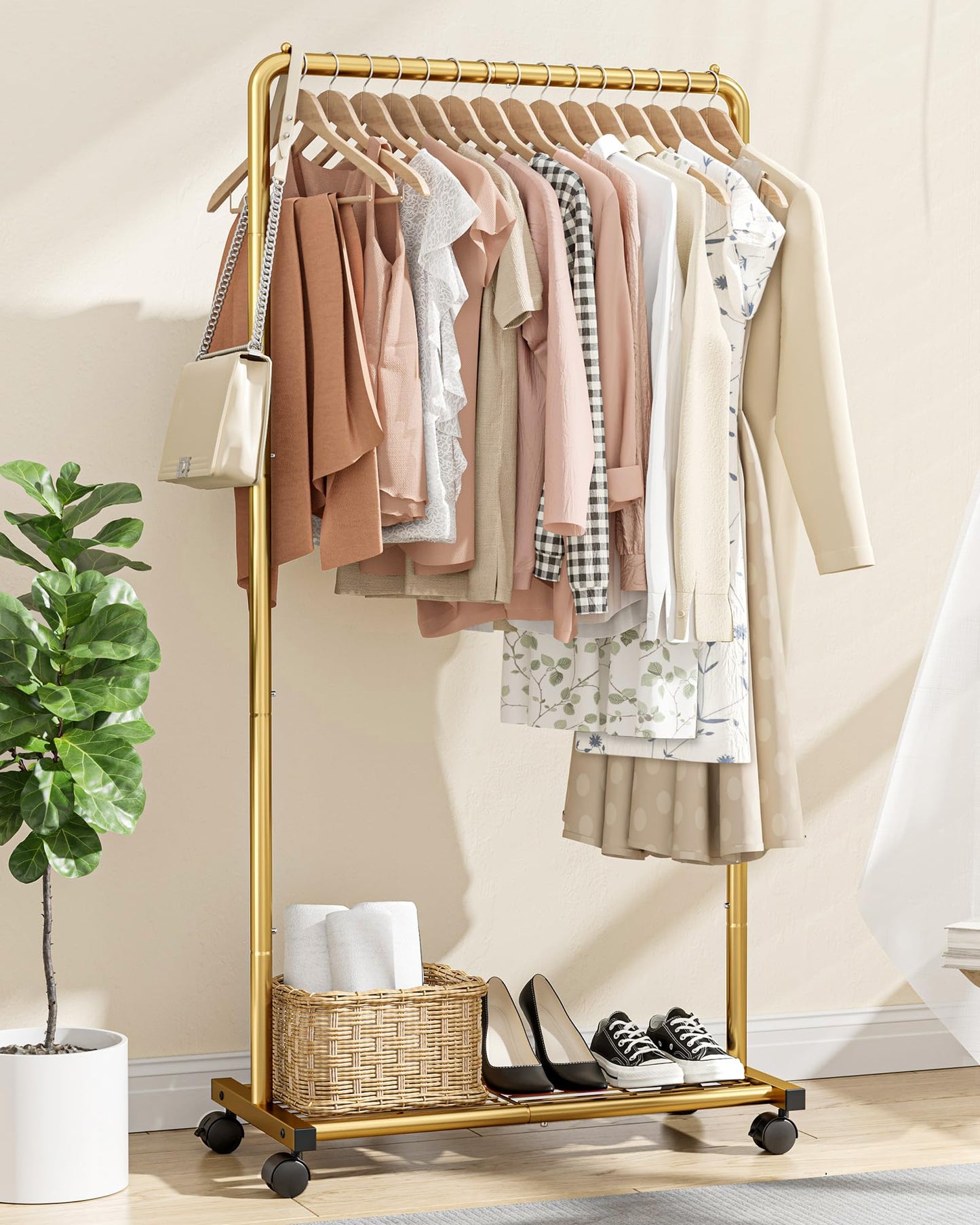 Sakugi Clothes Rack - Clothing Rack with Storage Mesh Shelf & Casters, Heavy-Duty Metal Clothing Rack for Hanging Clothes, Dresses, Coats, Large Load Capacity, Easy Assembly, Gold, 28.0"x16.9"x59.0"