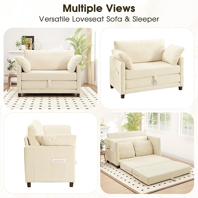 Myroyalsit 51" Convertible Loveseat Sofa Bed, 2-in-1 Folding Sofa Bed with 2 Pillow for Small Spaces, Modern Loveseat Sleeper Couch for Apartment, Living Room & Guest Room (Corduroy Beige, 51 inch)