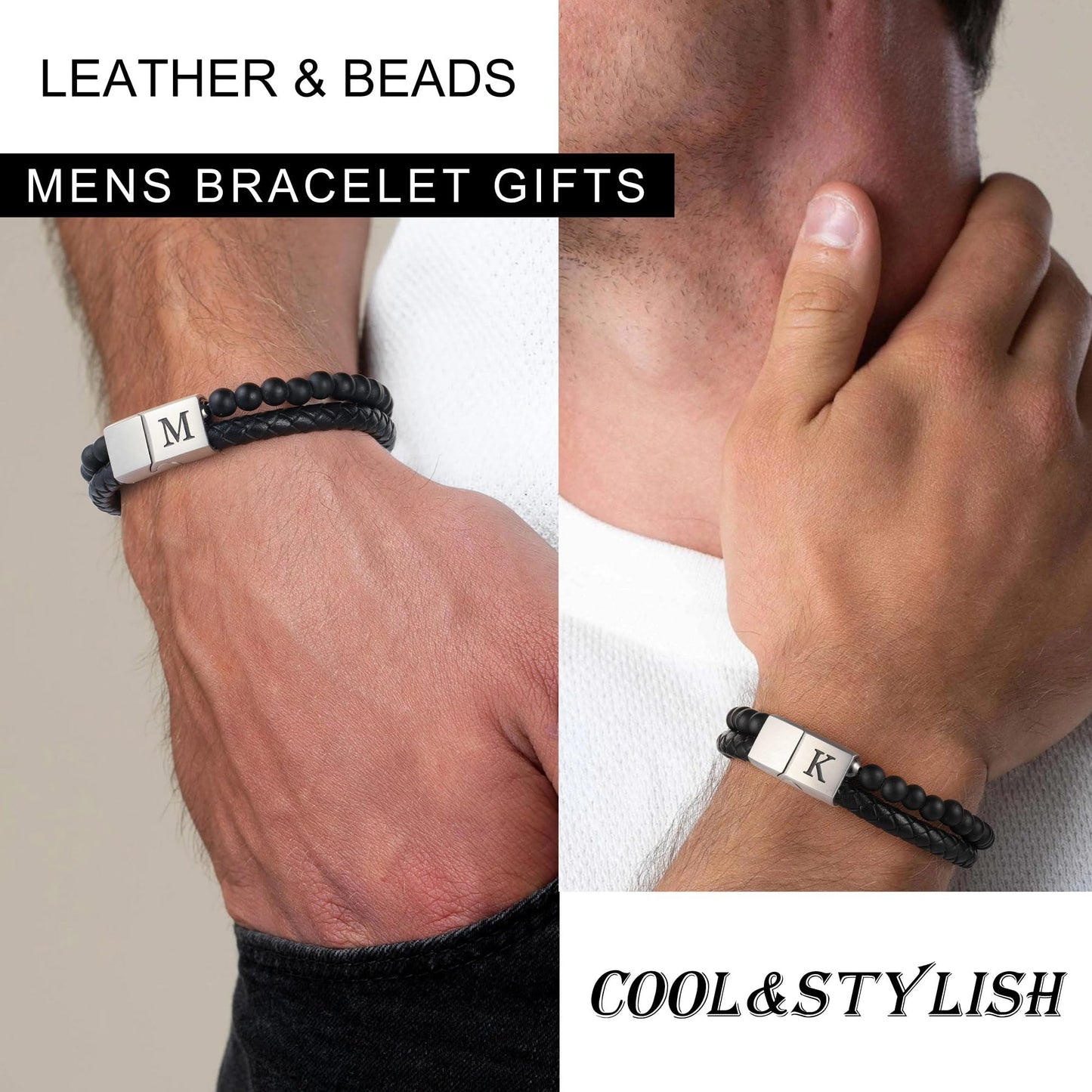 LUXEJEW Mens Bracelet - Letter M Initial Bracelet for Men Black Beaded Bracelets for Men 6mm Matte Agate Beads Stone Mens Leather Bracelets Birthday Gifts for Son Dad Husband