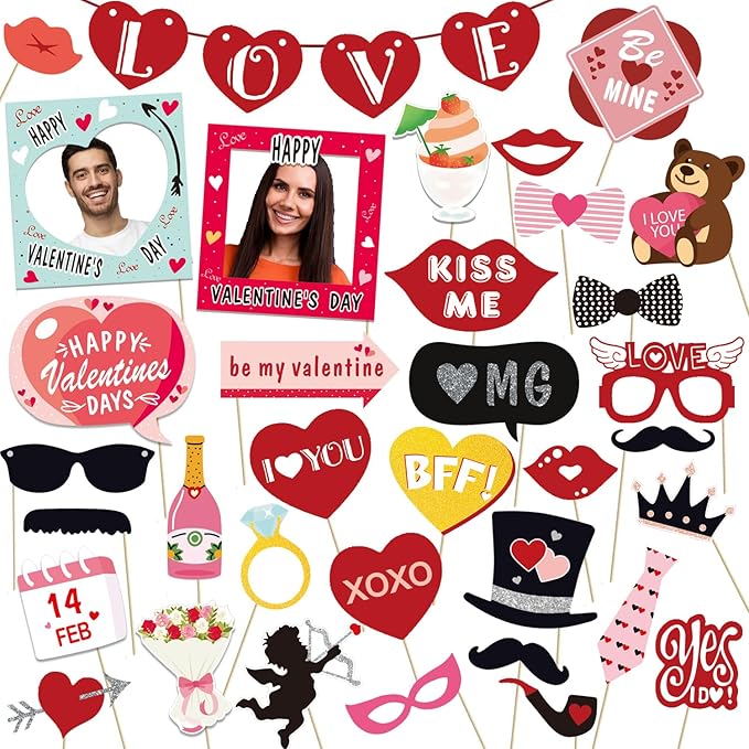 38pcs Valentines Day Party Photo Booth Props, Selfie Frame with Valentines Day Party Photo Props Backdrop Decorations Supp...