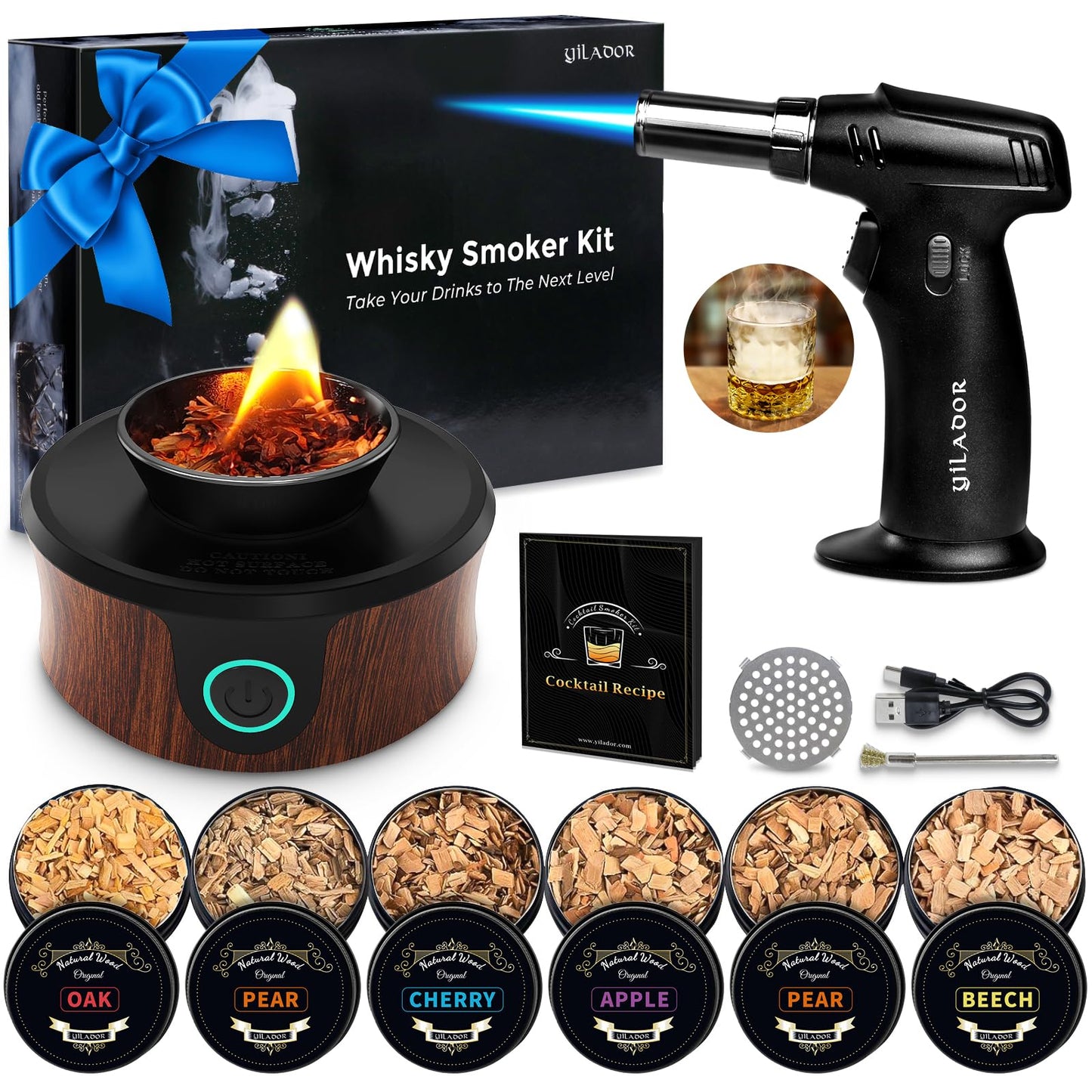 Electric Whiskey & Cocktail Smoker Kit with Torch – Built-in Fan, 6 Wood Chips, Old Fashioned & Whiskey Drink Smoker, Ideal Gift for Dad & Men (Butane Not Included)