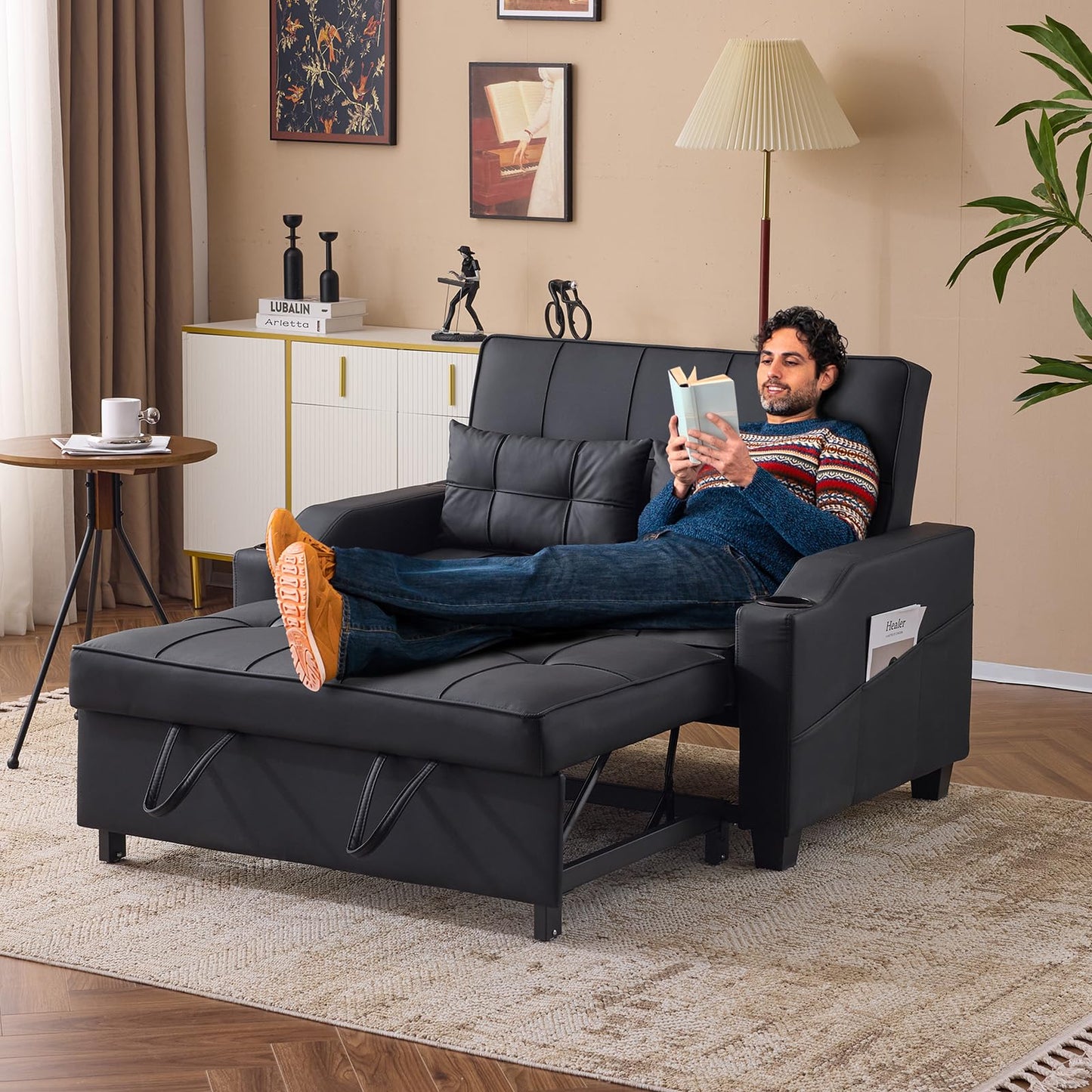 VINGLI Convertible Loveseat Sleeper, Black Faux Leather Futon Sofa Bed Pullout Couch Bed with USB Ports, Cup Holders, Armrest for Living Room, Bedroom, Home Office Apartment