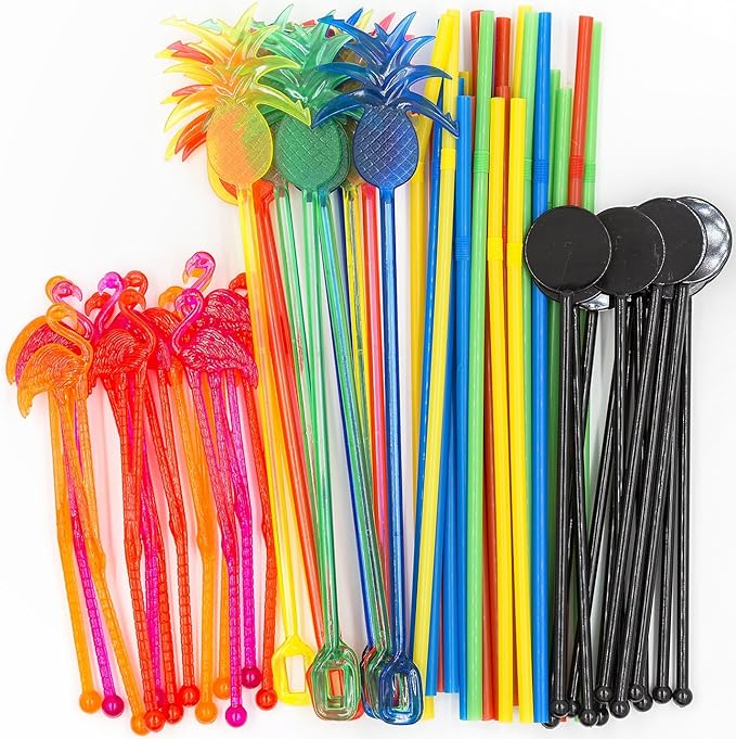 Ultimate Bar Caddy Assorted Swizzle Sticks, Disposable Flexible Straws (2 Sizes) – Ideal Bar Party Refill Kit for Organize...