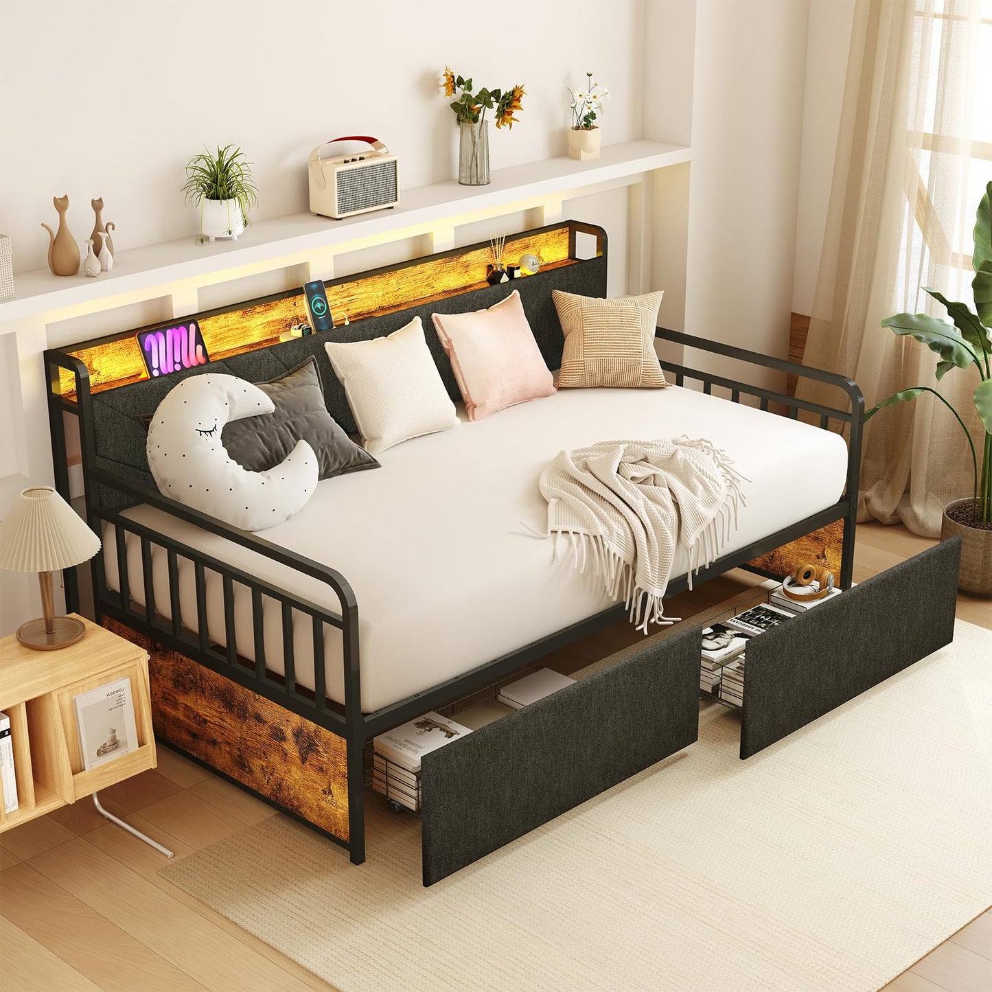 Zevemomo Twin Daybed with 2 Storage Drawers Charging Station LED Lights and Upholstered Headboard, Day Bed with Storage, Metal Bed Frame with Steel Slat Support for Living Room, Bedroom, Black
