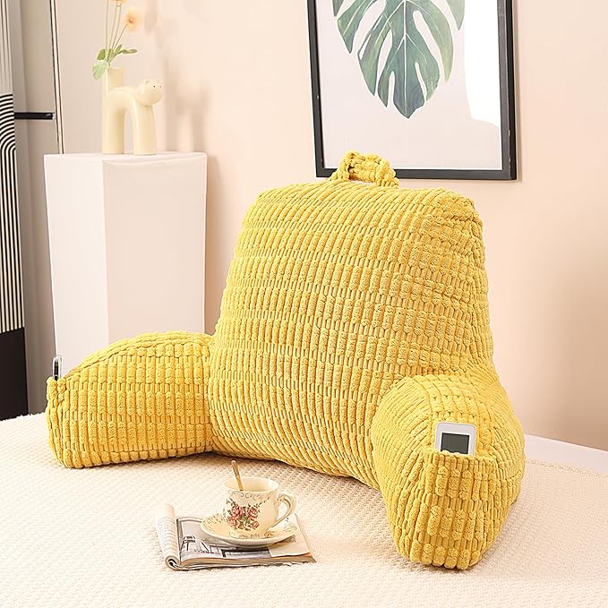 PAJEO Reading Pillow for Sitting in Bed, Large Backrest Reading Pillow with Arm Rest,Back-Rest Support Cushion for Sit Up on Couch, Sofa, and Floor, Dorm Essentials (Yellow Corduroy, Large(19"))