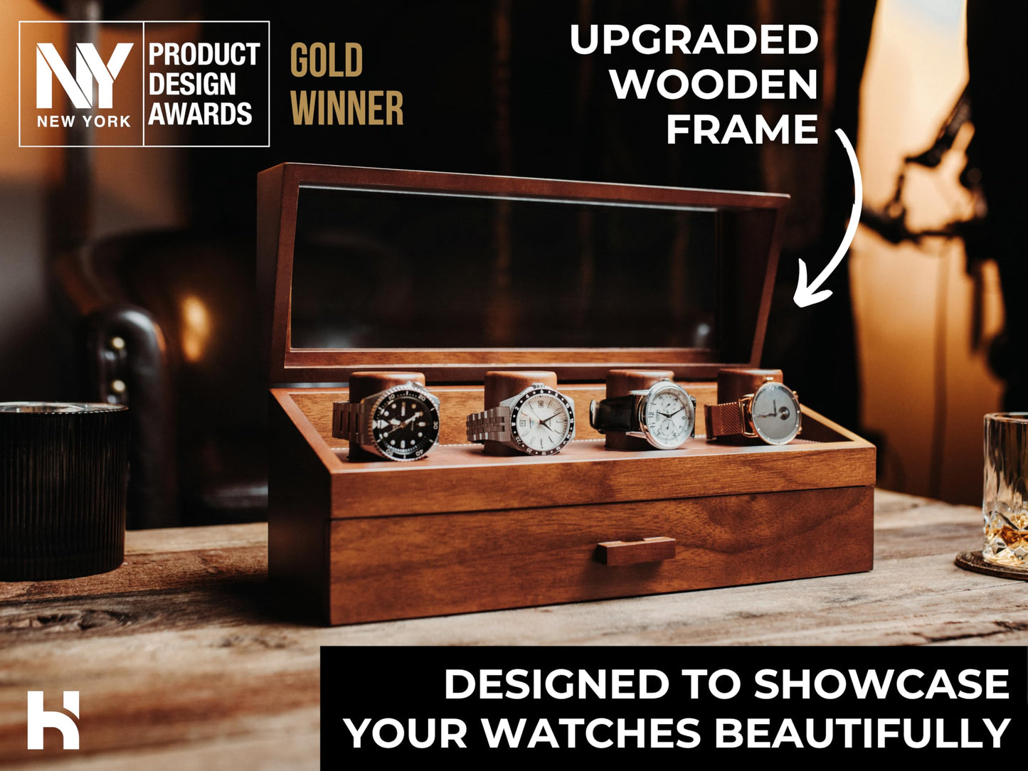 Premium 4 Slot Watch Box for Men (2026 Upgraded) – Wooden Watch Display Case with Hinged Wood Cover, Leather Lining & Drawer – Watch Organizer Stand – Handcrafted Luxury Father's Day Present for Men