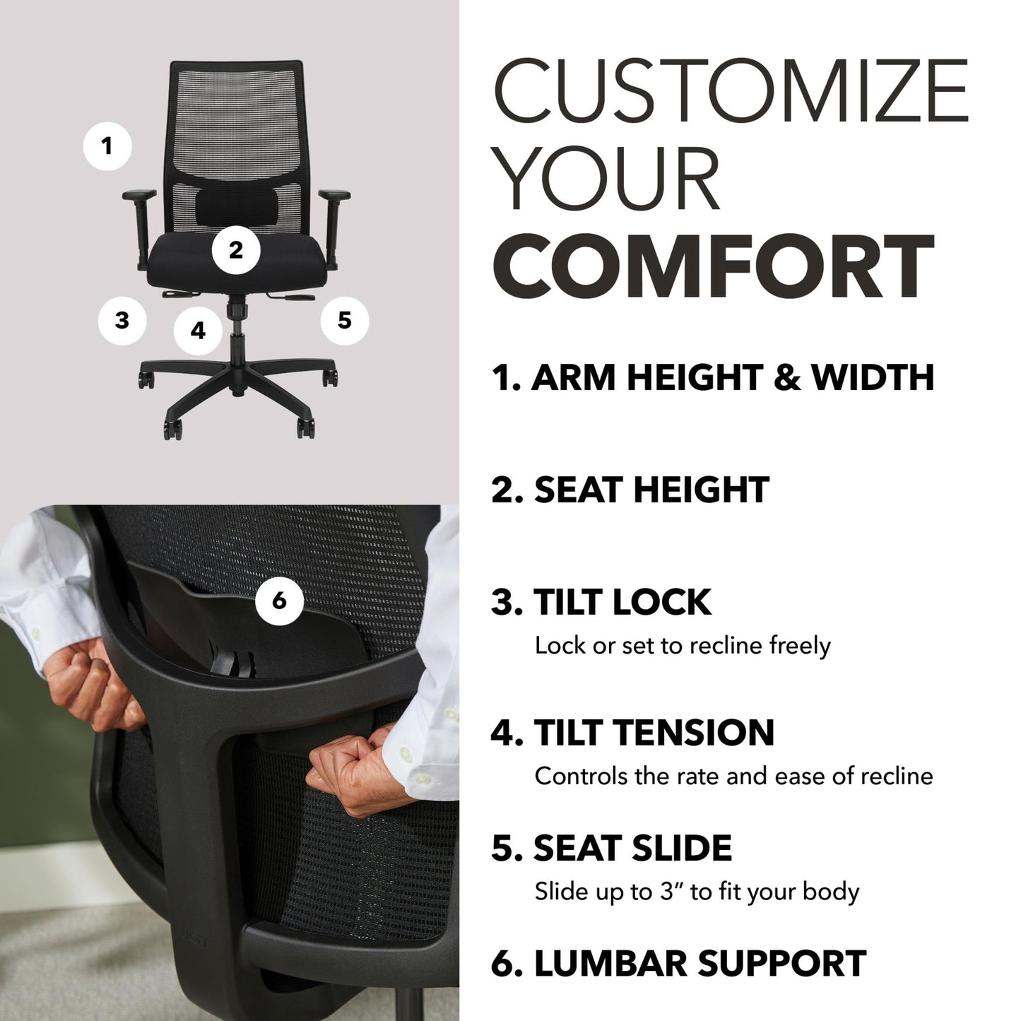 HON Ignition 2.0 Mid‑Back Ergonomic Office Chair, Mesh Task Desk Chair with Lumbar Support, Standard Synchro‑Tilt, Height and Width Adjustable Arms, Black Frame, Black