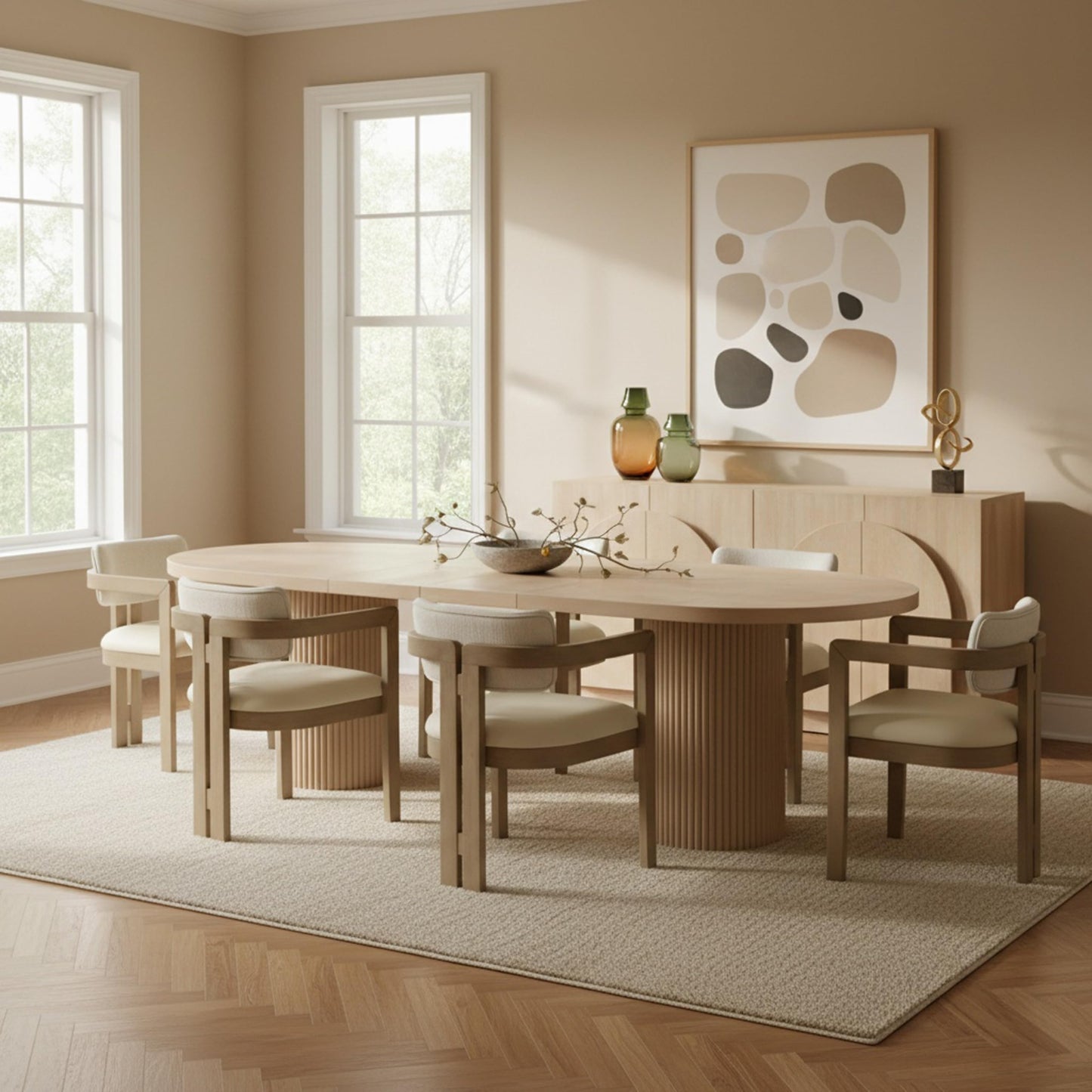 Meridian Furniture 725Oak-T Belinda Collection Mid-Century Modern Solid Wood White Oak Veneer Dining Table, Oval Design, Fluted Bases, 2 Leaves Included, 90"/106.5"/123" W x 47.5" D x 31" H, White