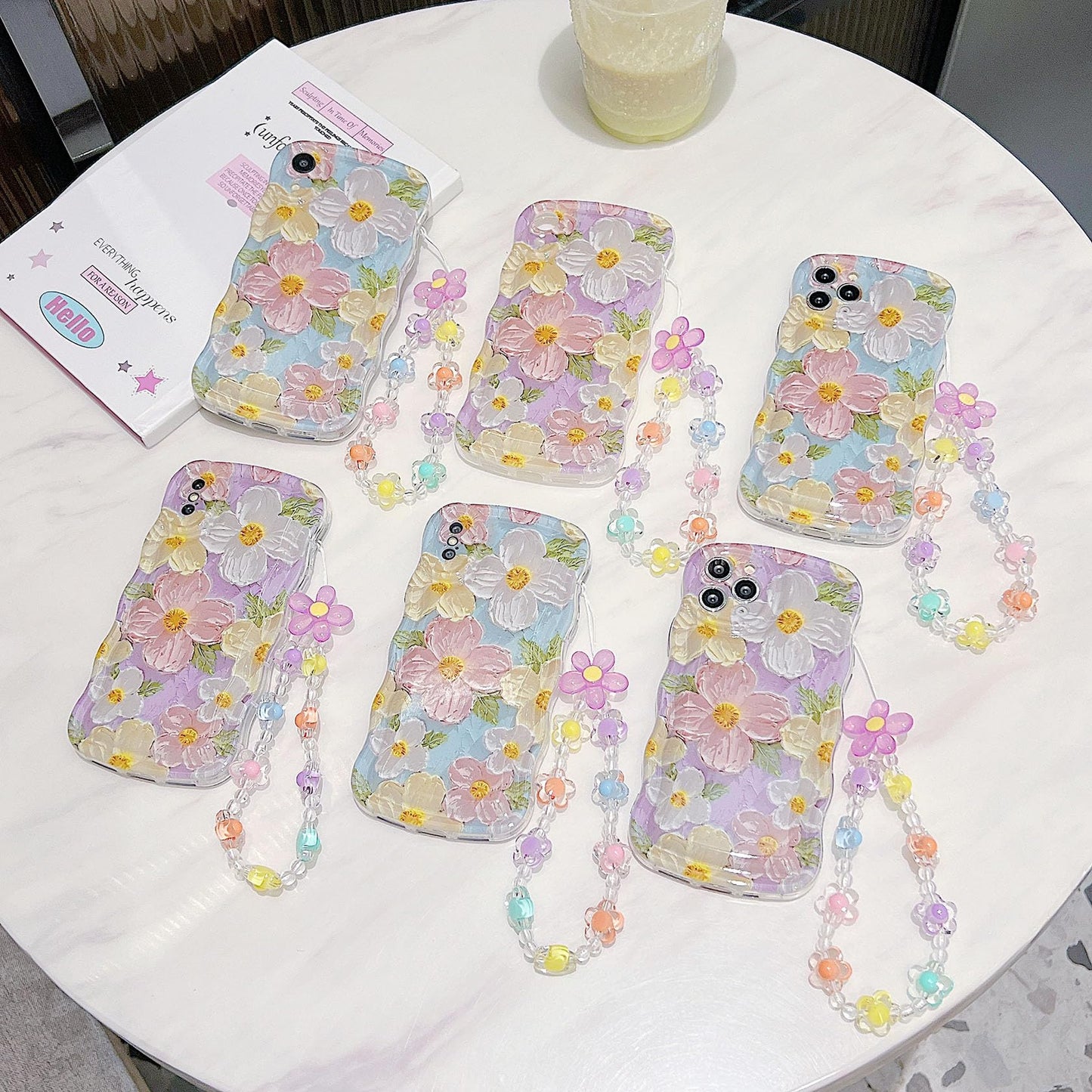 For Iphone Xr Curly Wavy Case, Cute Colorful Retro Oil Painting Flower Glossy Pattern [With Bead Chain], Slim Fit Shockproof Pro