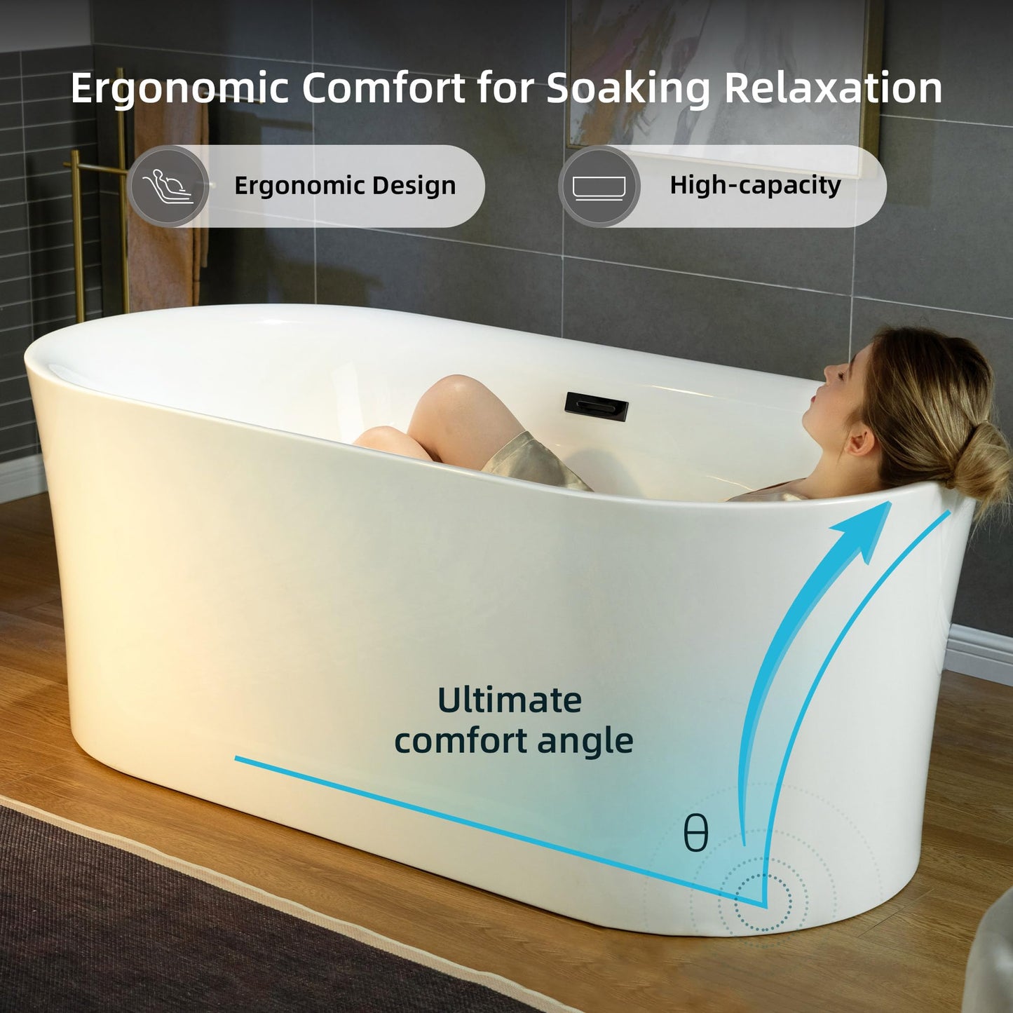 WOODBRIDGE 67" Acrylic Freestanding Bathtub Contemporary Soaking Tub with Matte Black Overflow and Drain,White Tub