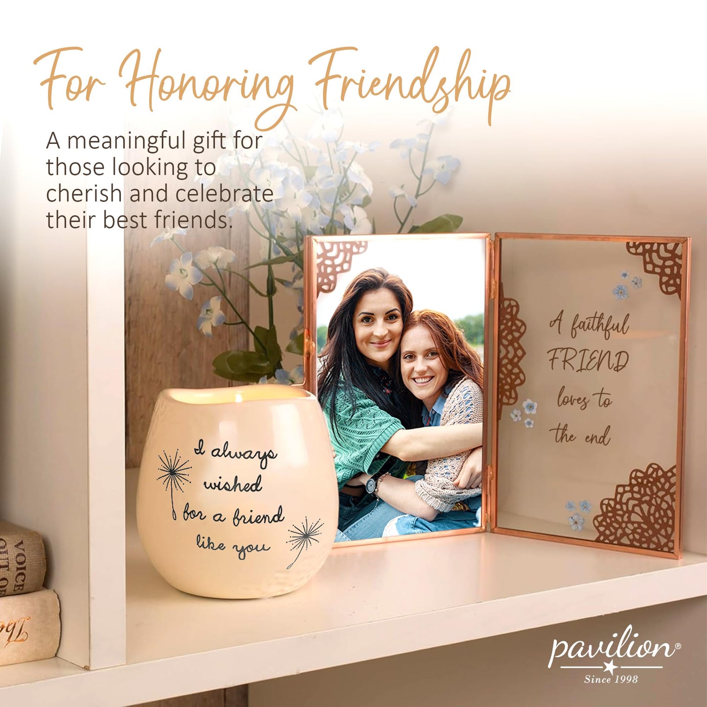 Pavilion - 8 Oz Candle Holder - White Ceramic Candle Jar with 100% Soy Wax Candle Cotton Scent "I Always Wished For A Friend Like You" Ideal Gift for a Friend - Printed Text, Love Theme & Oval Shape