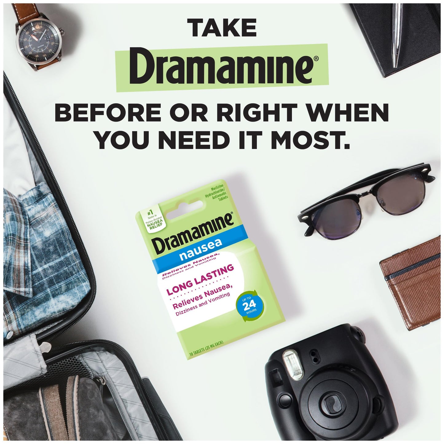 Dramamine Nausea Relief, with Meclizine HCl for Long-Lasting Relief of Nausea, Vomiting & Dizziness, 10 Tablets, Pack of 4