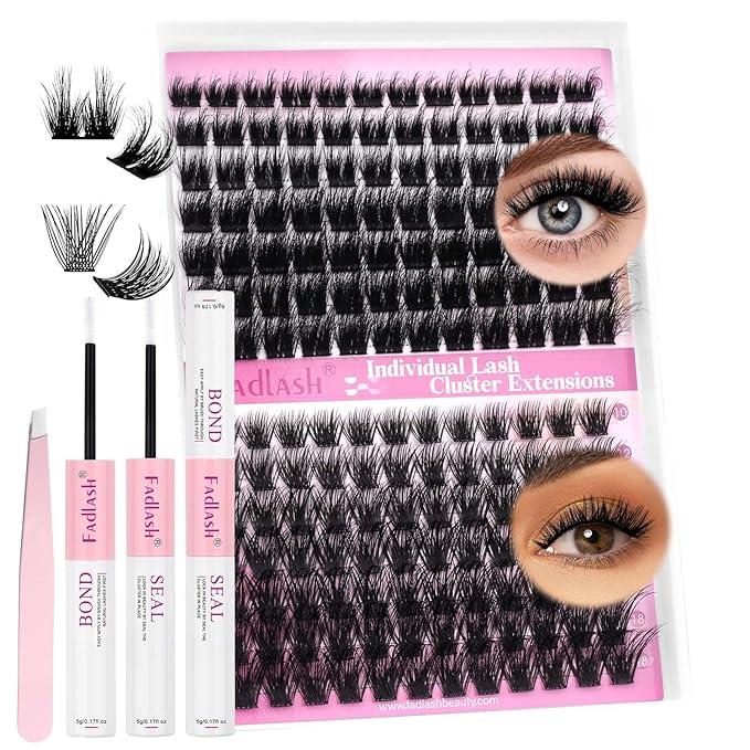 FADLASH Lash Extension Kit Lash Clusters Kit 10-18mm Eyelash Cluster Lashes with Lash Bond and Seal Lash Tweezers DIY at Home (KLS240+KLS253-07D-10-18 Kit)