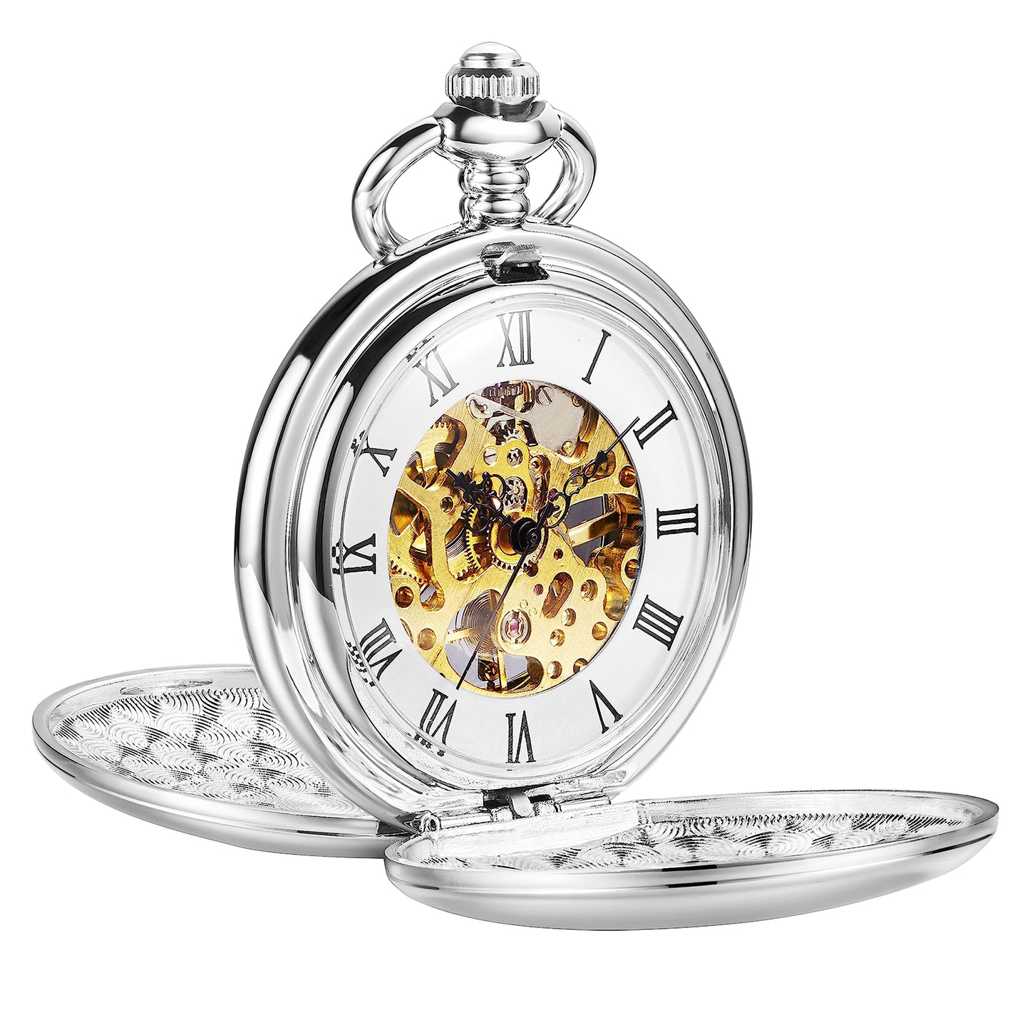 ShoppeWatch Mens Silver Pocket Watch with Chain | Hand Winding Vintage Pocket Watch | Classic Mechanical Movement Pocketwatch |