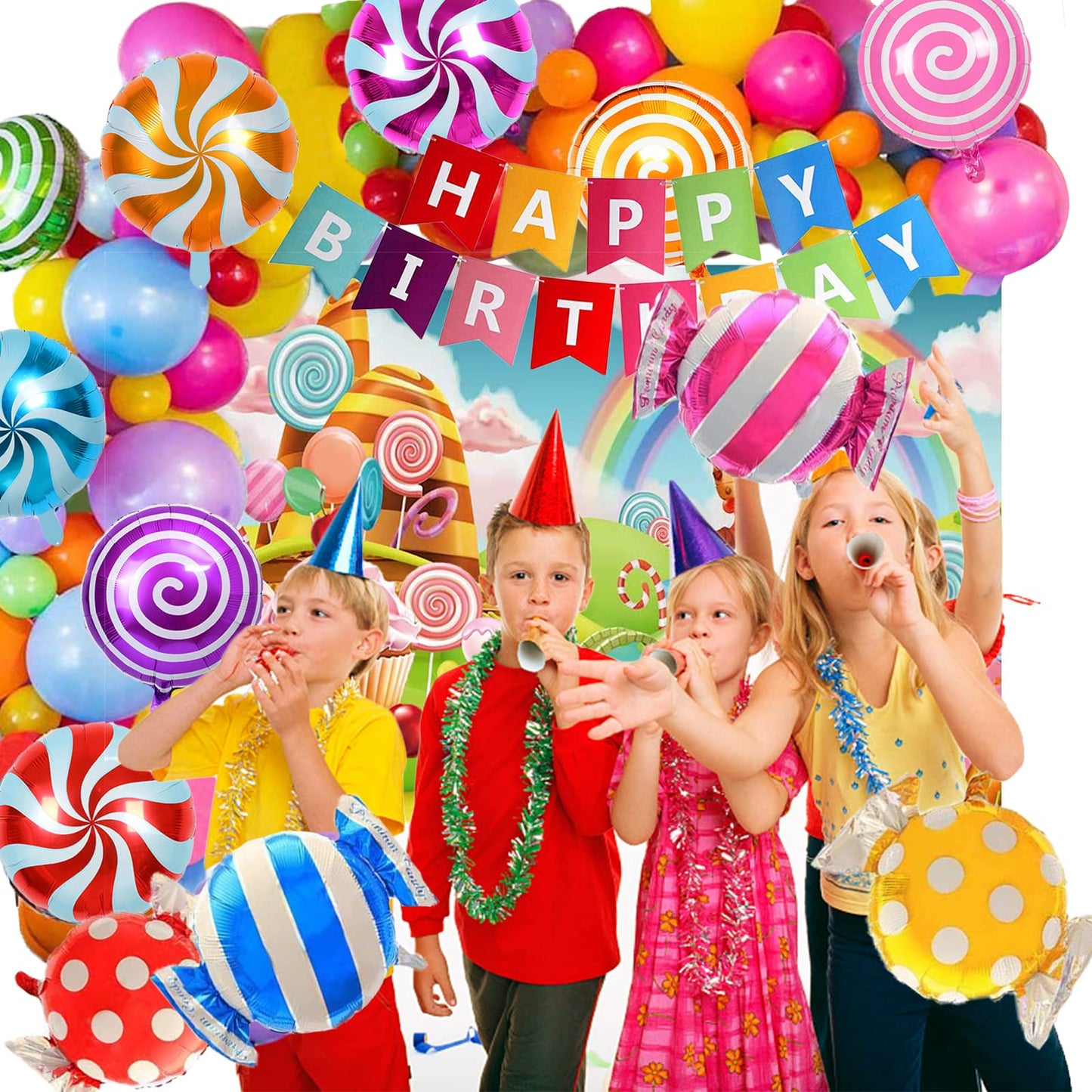 Tsoifu 124Pcs Candyland Party Decorations for Girl Boy Lollipop Birthday Party Supplies Candyland Backdrop and Candy Balloon Garland kit