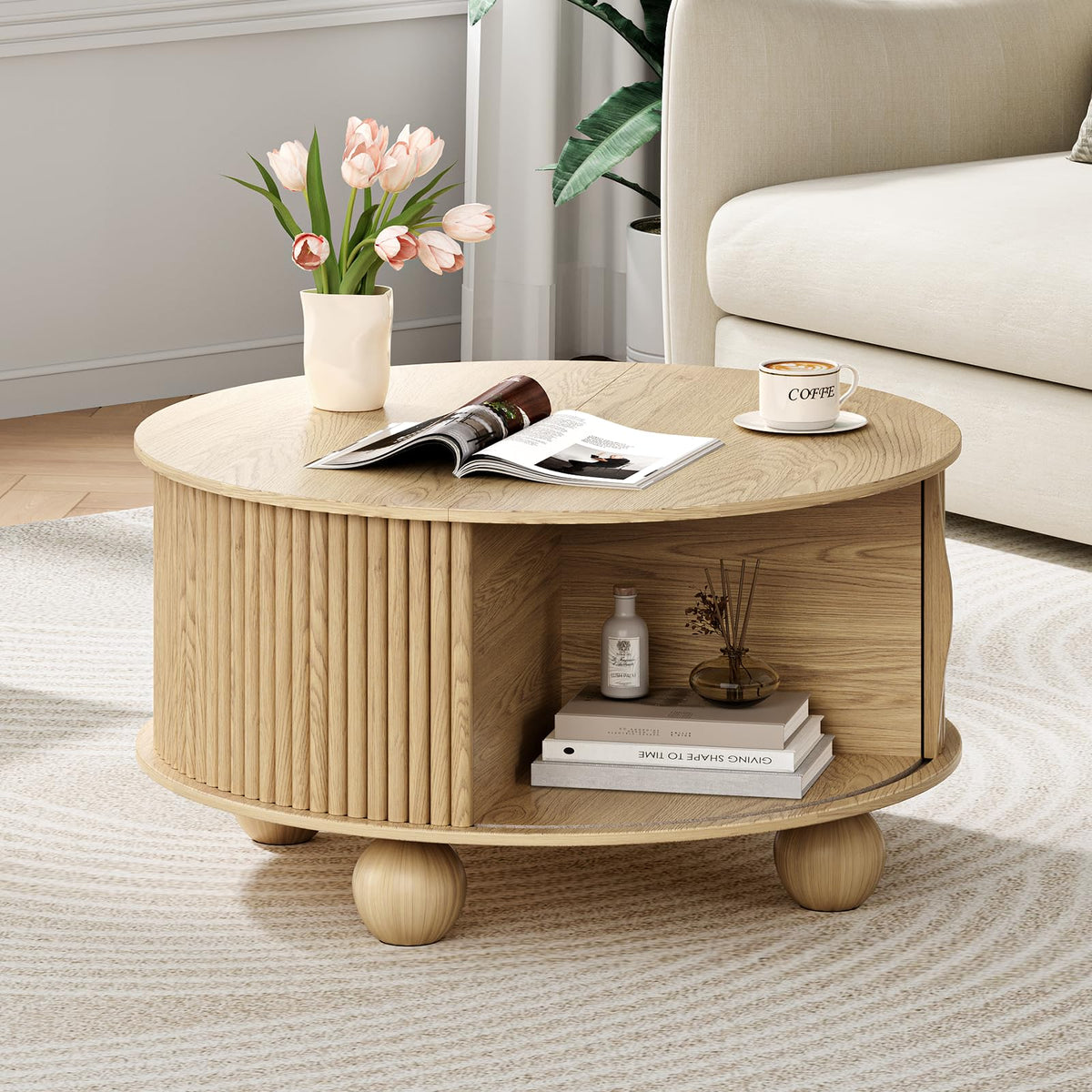 JOINICE,Round Coffee Table with Storage,Fluted Lift Up Coffee Table with Sliding Door,31.5" Drum Center Table with Bun Feet for Living Room,Home Small Space,Oak