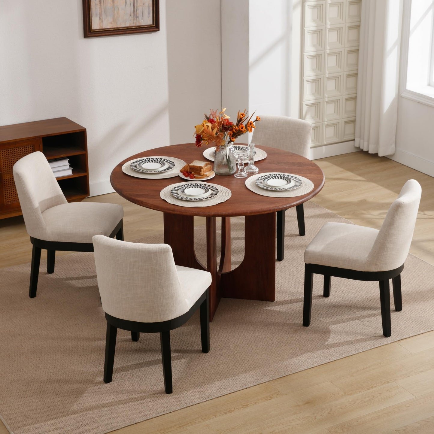 BESTANO Modern Dining Chairs with Black Wood Legs Set of 2, Linen Fabric Upholstered Dining Room Chairs Kitchen Side Chairs with Back, Beige