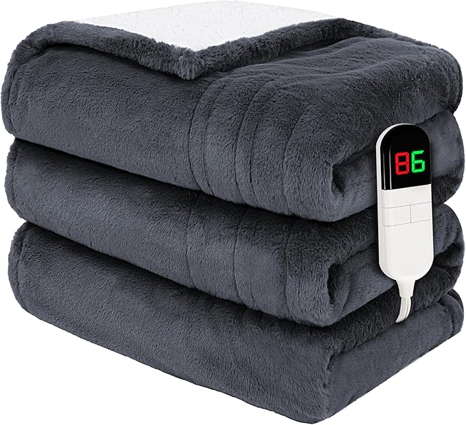 Premium Heated Throw Blanket 50"×60" - Ultra Cosy Soft Electric Blanket with 8 Heating Levels,Plush Fast Heating Faux Rabbit Fur Blanket for Bed & Couch - Auto Shut Off,Machine Washable(Grey)
