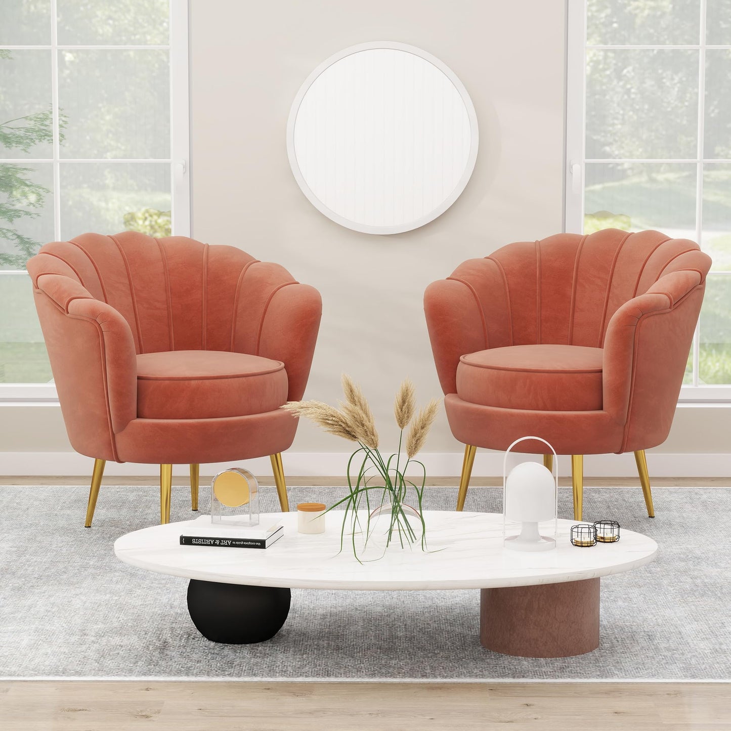 DAGONHIL Mid Century Modern Upholstered Accent Chair,Petal Vanity Chair,Retro Leisure Velvet Single Sofa with Golden Metal Legs for Living Room/Bedroom/Makeup Room, Rose Pink
