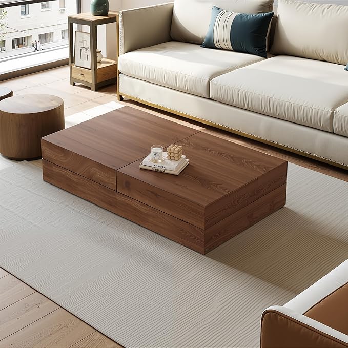 Pajiasen Mid-Century Modern Farmhouse 47.2-81.8" Expandable Coffee Table，Adjustable Center Table with Large Storage for Living Room, Walnut