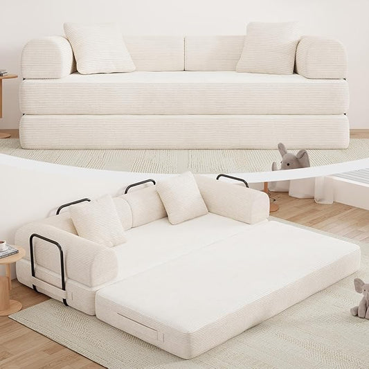 77" Convertible Sofa Bed, Modular Folding Futon Corduroy Floor Foam Compressed Loveseat Sleeper Sofa Couch, Pull Out Queen Size Couch Bed with 2 Pillows for Living Room Guest Room Studio, Beige