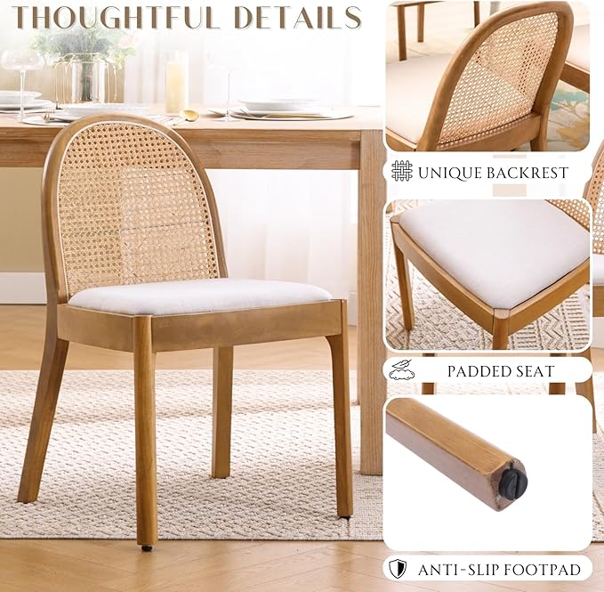 HEAH-YO Rattan Dining Chairs Set of 4, Upholstered Linen Dining Room Chairs with Backrests, Modern Kitchen Chairs with Wood Legs for Dining Room, Beige
