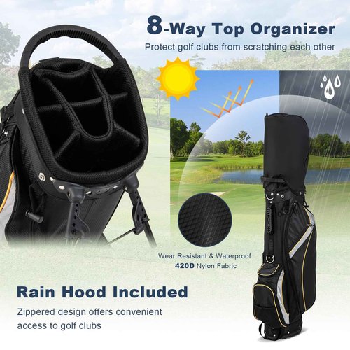 Goplus Golf Stand Bag, Golf Club Bag 8 Way Top Dividers, Cooler Bag, 7 Zippered Pockets, Adjustable Dual Strap, Rain Hood, 4.5LBS Lightweight Portable Golf Bag with Stand for Men Women