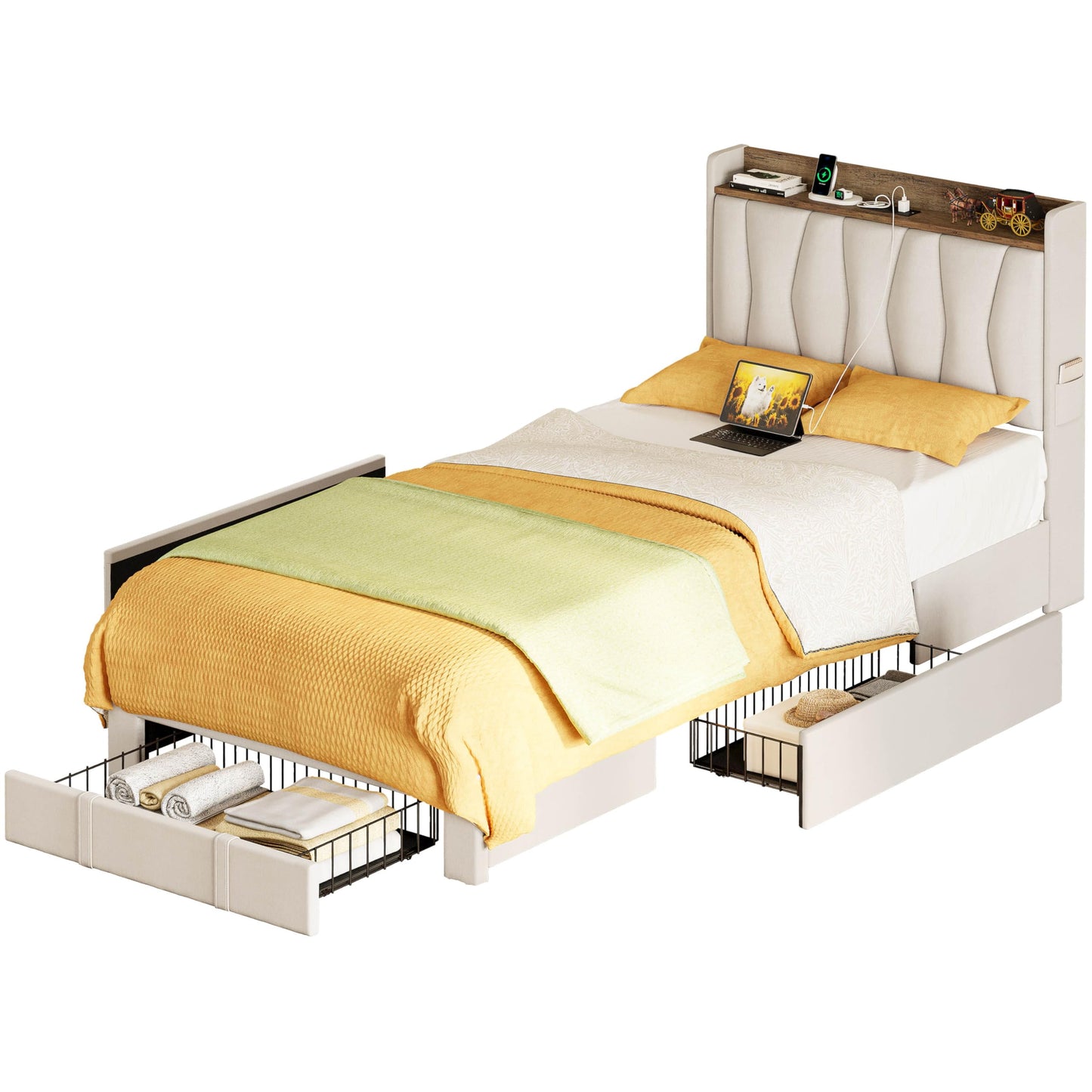 ANCTOR Twin XL Bed Frame with 3 Drawers, Upholstered Platform Bed with Storage Headboard and Charging Station, No Box Spring Needed, Easy Assembly, Beige