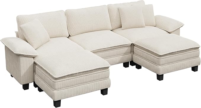MIXPATIO 123-Inch U Shaped Sectional Sofa with Cloud Cushions, Deep Seat Modular Couch Set w/ 5 Seats & 2 Ottomans, Removable Arms, Plush Corduroy Upholstery for Living Room, Apartment - Beige