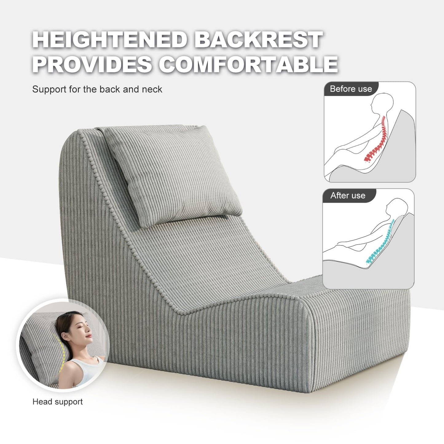Giant Bean Bag Chair for Adults,Corduroy Chaise Lounge with Unrivaled Back Support, Detachable Neck Pillow, Comfortable Ottoman & Washable Cover for Living Room, Bedroom, Garden (Grey)