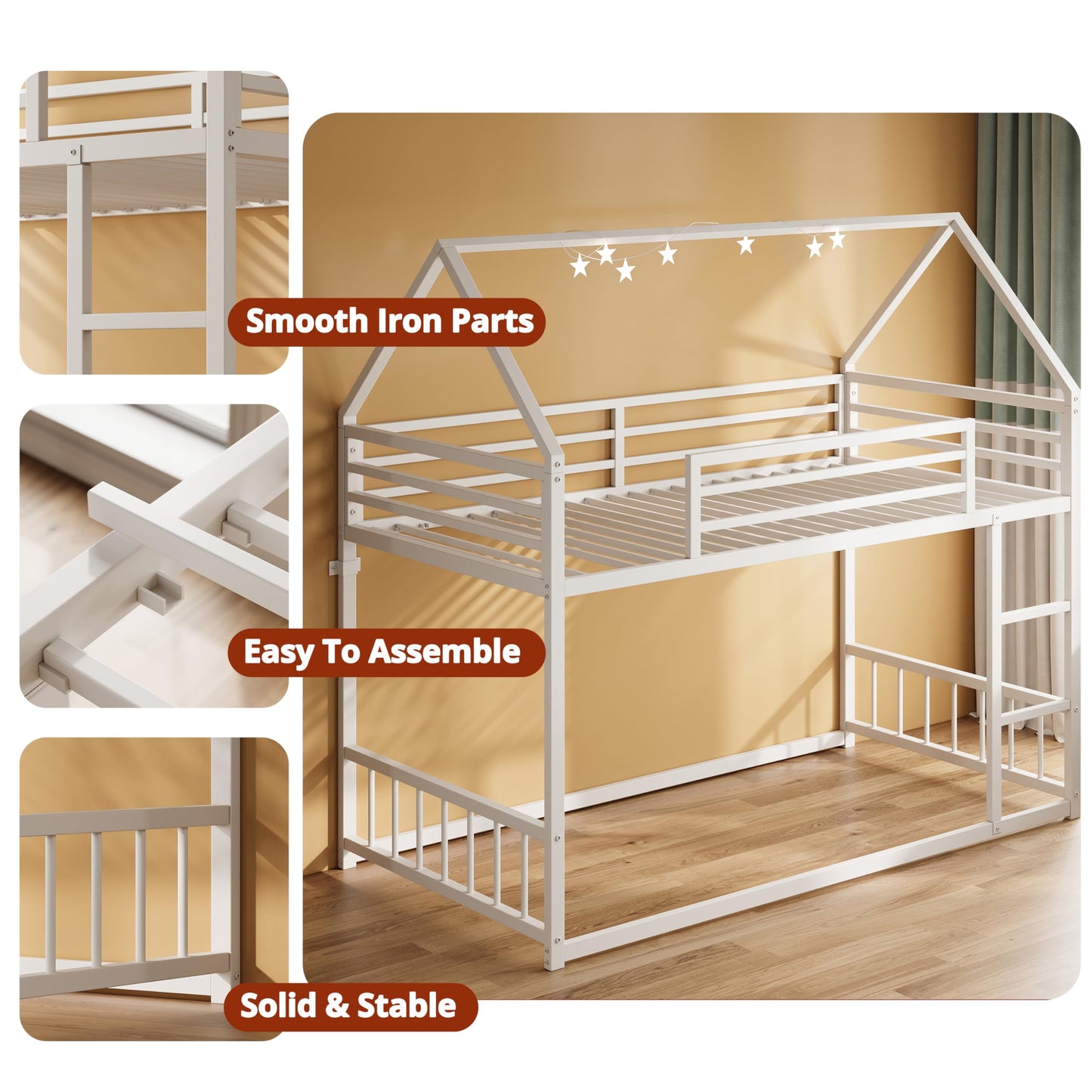 LIKIMIO Bunk Bed Twin Over Twin, House Bunk Bed Frame with Ladder and Guardrail, House Shaped with Metal Slats for Dormitory and Bedroom, Space Saving, No Box Spring Needed, White