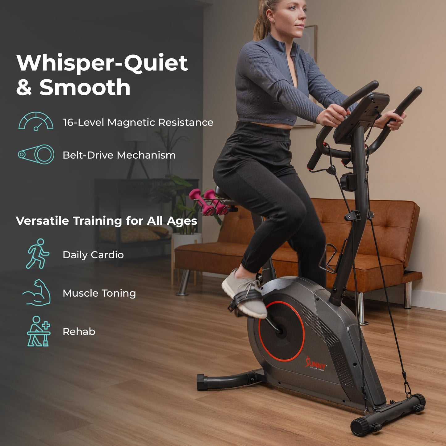 Sunny Health & Fitness Smart Exercise Bike w/Resistance Band, 300LB Capacity & 4-Way Adjustable Cushioned Seat, Home Cardio Cycling Machine for Full-Body Workout, Free SunnyFit App Bluetooth Connect