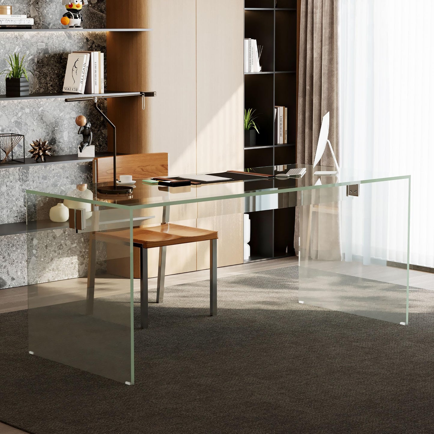 NessCarsti 53.14" Modern Tempered Glass Office Desk, Minimalist Style Rectangular Workstation Table, Sturdy & Sleek Design for Home Office & Living Room, Clear