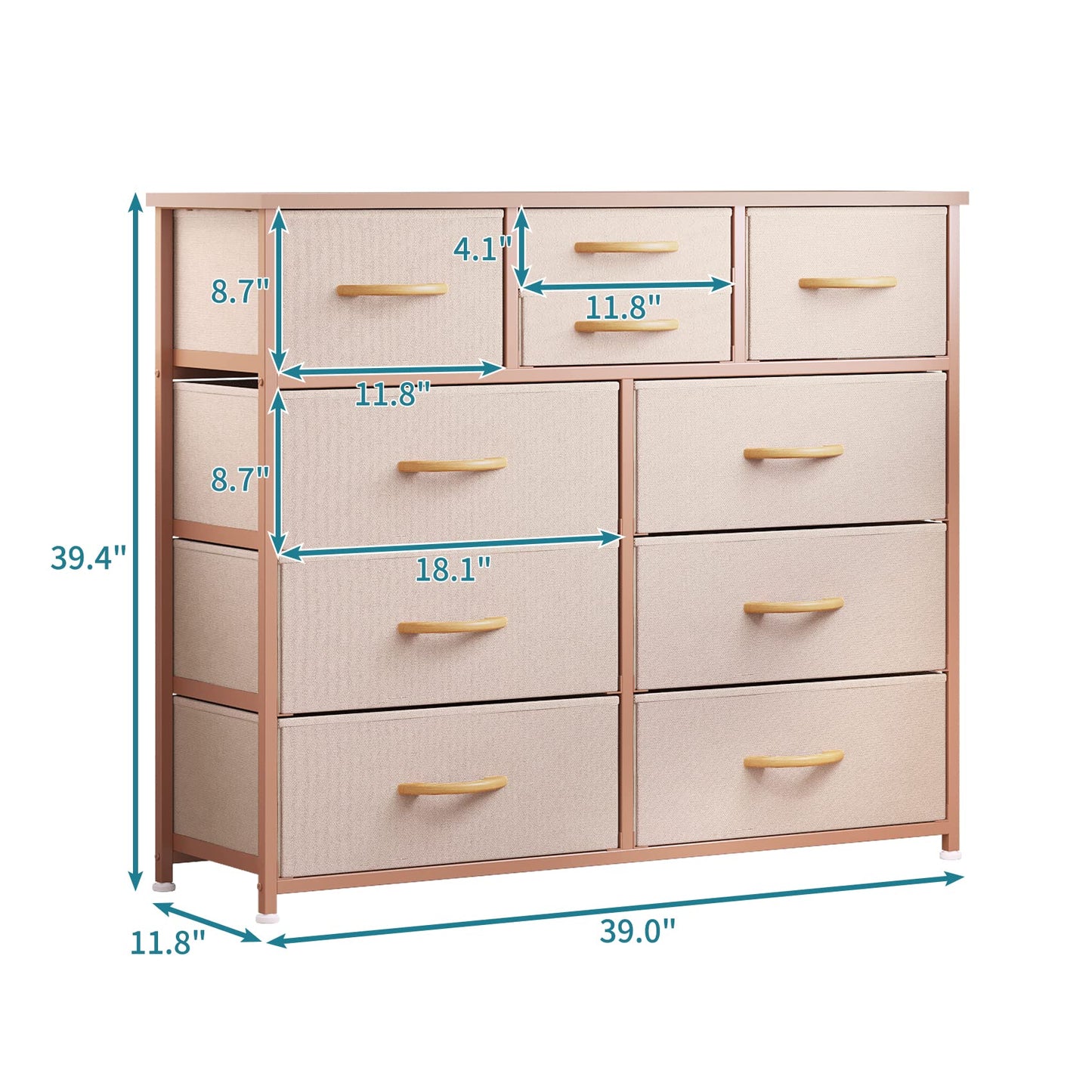 LUMTOK 10-Drawer Dresser, Fabric Storage Dressers Drawers for Bedroom, Hallway, Nursery, Closets, Steel Frame, Wood Top, Easy Pull Handle (Rose Gold)