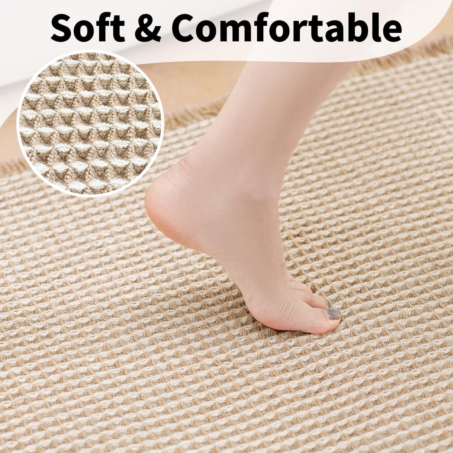 Waffle Bath Mat - Boho Bathroom Rugs Non Slip Washable, Super Absorbent & Quick Dry, Soft Bath Mat Farmhouse Bathroom Decor, 24'' x 36'', Khaki and White