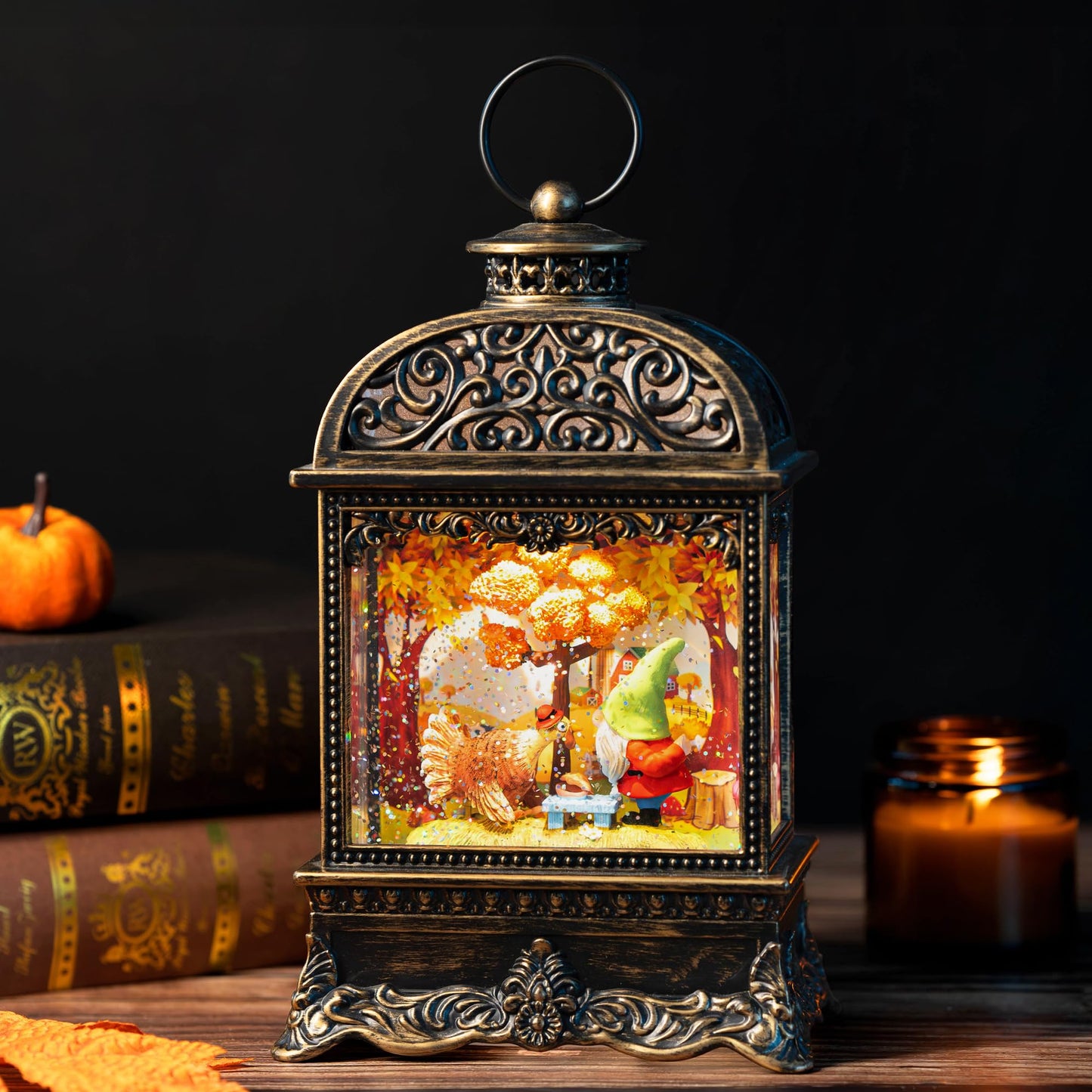 Fall Decor Snow Globe Lantern, Thanksgiving Decoration Swirling Glitter Gnome Snow Globe with Turkey, Harvest Day Gifts, Home Fall Halloween Decor