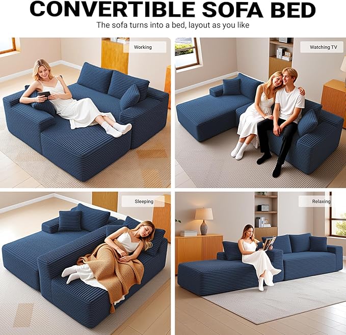 108" Cloud Sectional Couch,Modern Modular Sectional Sofa with Deep Seat,Corduroy Boneless Couches with L-Shape Chaise for Living Room,No Assembly Required (Blue, Left Facing Chaise)