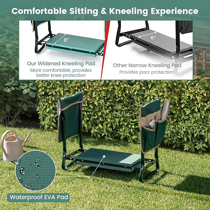 Goplus Garden Kneeler and Seat, Foldable Garden Bench for Kneeling & Sitting, Widened 8" EVA Soft Foam Pad, Heavy-Duty Garden Stool w/ 2 Large Tool Pouches, Gardening Gift for Women Men Seniors