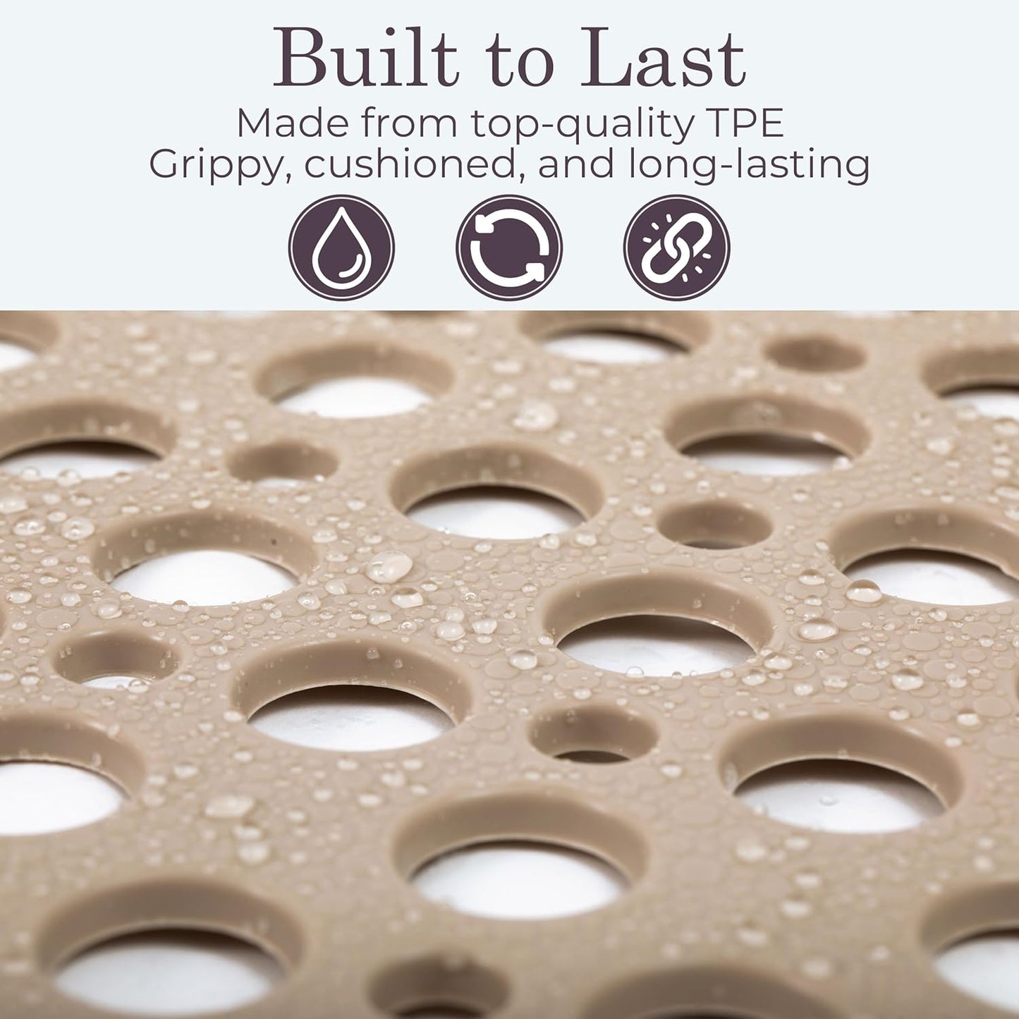 Non Slip Bathtub Mat and Shower Mat Beige TPE Strong Suction Cups Aesthetic Bath Mat for Inside Shower with Soft Texture, Quick-Dry Drain Holes, Spa-Inspired Design 30x17” (75x43 cm)