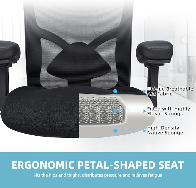 Big and Tall Office Chair 500lbs - Ergonomic Mesh Desk Chair, Heavy Duty Computer Chair-Wide Thick Seat Cushion, Adjustable Lumbar Support, Metal Base, Rubber Wheels, 4D Armrests, Black